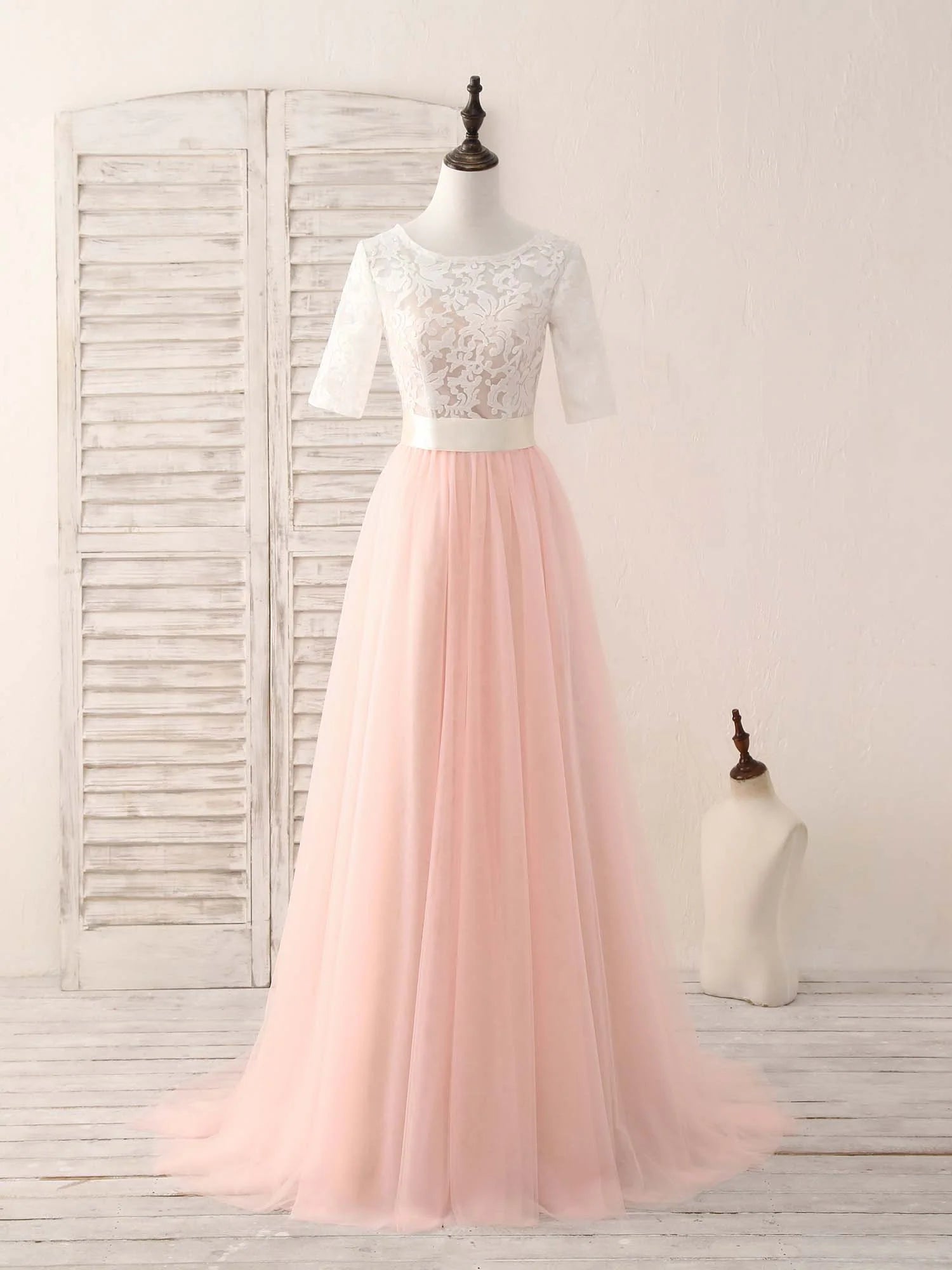 Buyishang Pink Tulle Lace Long Prom Dress Pink Bridesmaid Dress Bridesmaid dress shop